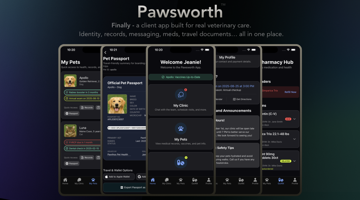 Pawsworth for pet parents interface showing the familiar PawthosX One menu-driven workspace